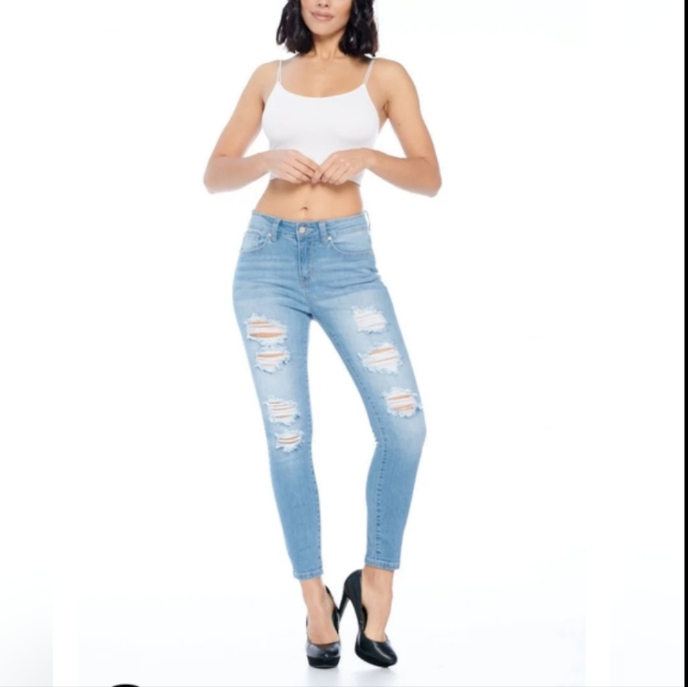 Enjean Destructed High Rise Ankle Skinny Jeans